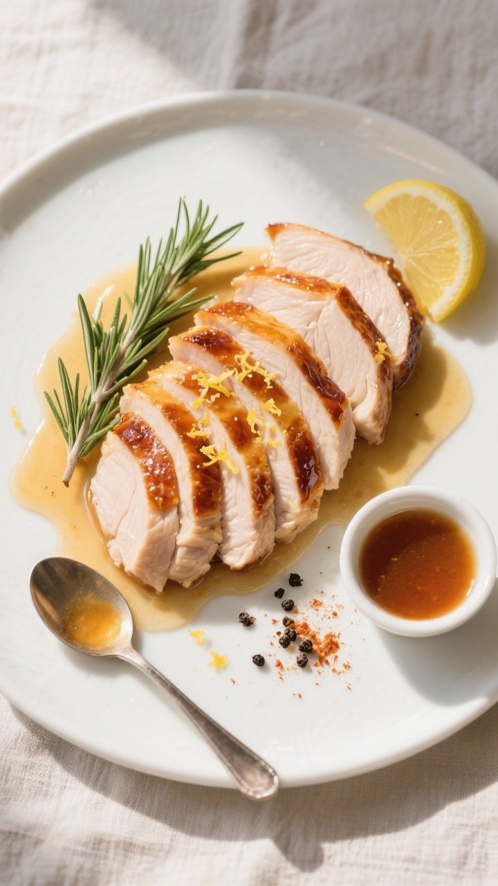 Final dish, overhead plated presentation: Sliced honey glazed turkey breast arranged fan-style on a