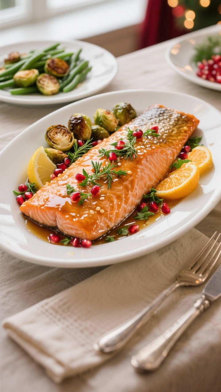 Final dish, overhead presentation: Overhead shot of a large salmon fillet centerpiece on a white ova
