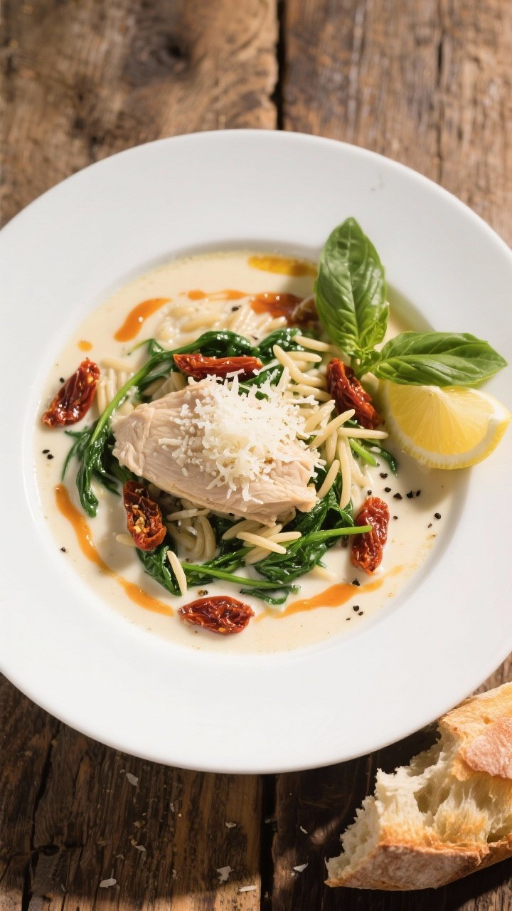 Final dish, overhead: Restaurant-style presentation of Creamy Marry Me Chicken Soup in a wide white 