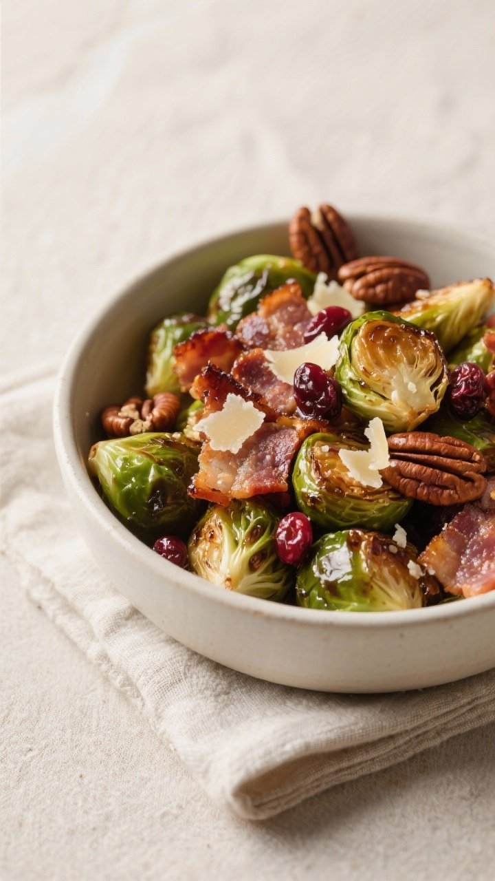 Final dish/overhead: Tasty of a warm serving bowl filled with roasted maple Brussels sprouts, crispy