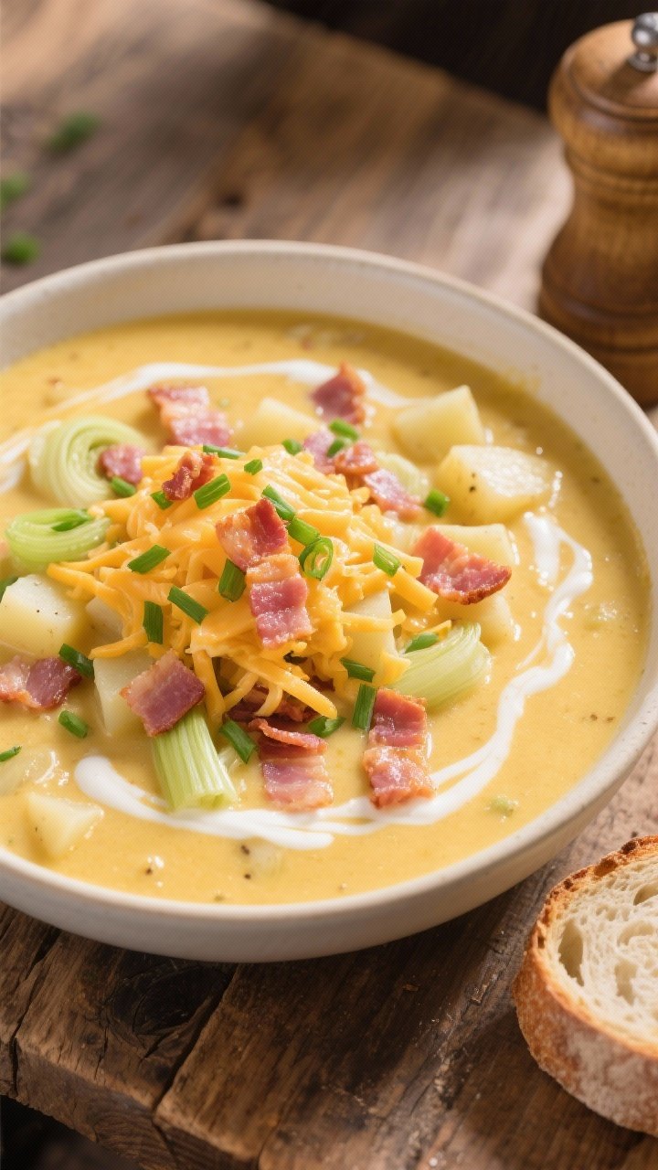 Final dish overhead: Top-down shot of a generously ladled bowl of cheesy potato soup with leeks and