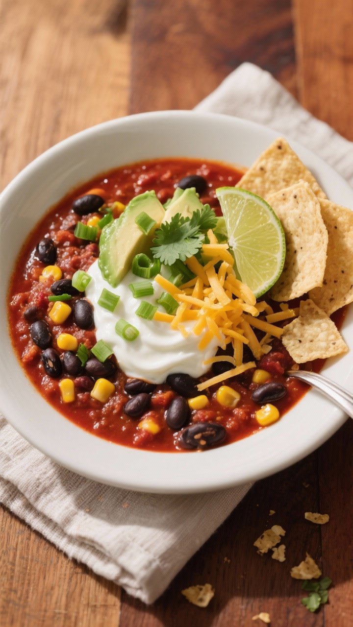 Final dish overhead: Top-down shot of a hearty bowl of Vegetarian Chili with Black Beans and Corn, r