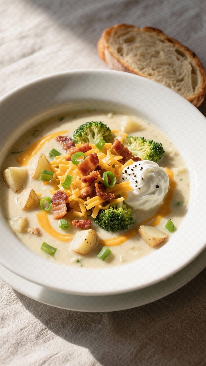 Final dish overhead: Top-down shot of a hearty bowl of Loaded Potato Soup with Broccoli and Cheddar,