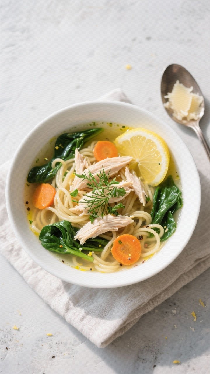 Final dish, overhead top view: A bright, inviting bowl of Lemon Chicken Noodle Soup with Spinach, st