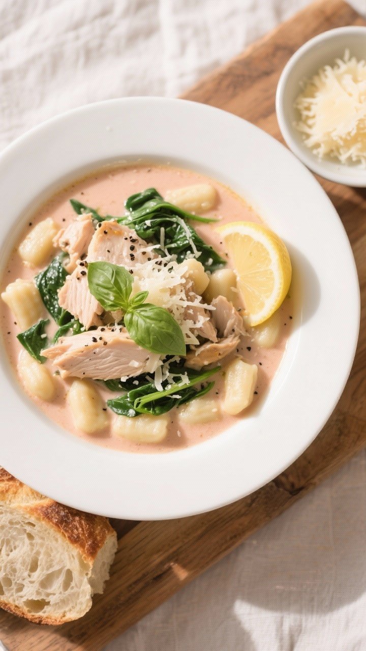 Final dish, tasty top-down presentation: Overhead shot of Marry Me Chicken and Gnocchi Soup ladled i