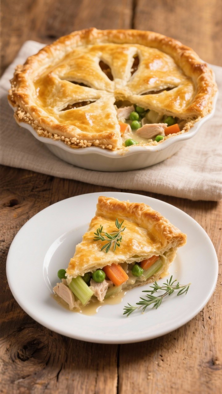 Final dish, tasty top view: Golden, deeply puffed puff pastry-topped chicken pot pie fresh from the