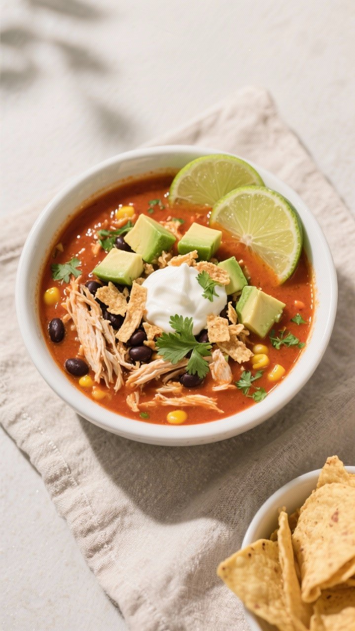 Final dish, tasty top view: Overhead shot of a beautifully plated bowl of Chicken Taco Soup with Avo