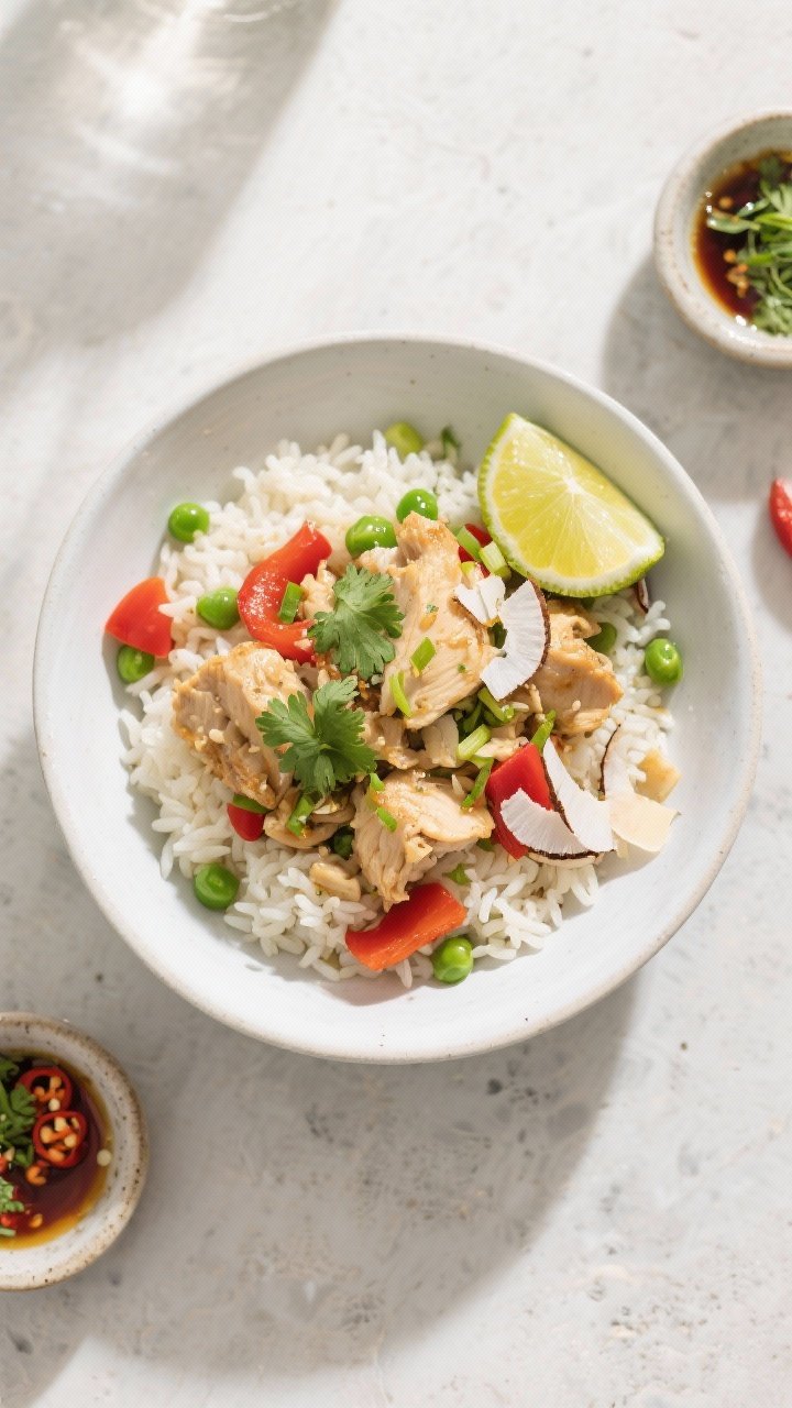 Final dish, tasty top view: Overhead shot of a bowl of Coconut Chicken and Rice, fluffy and creamy w
