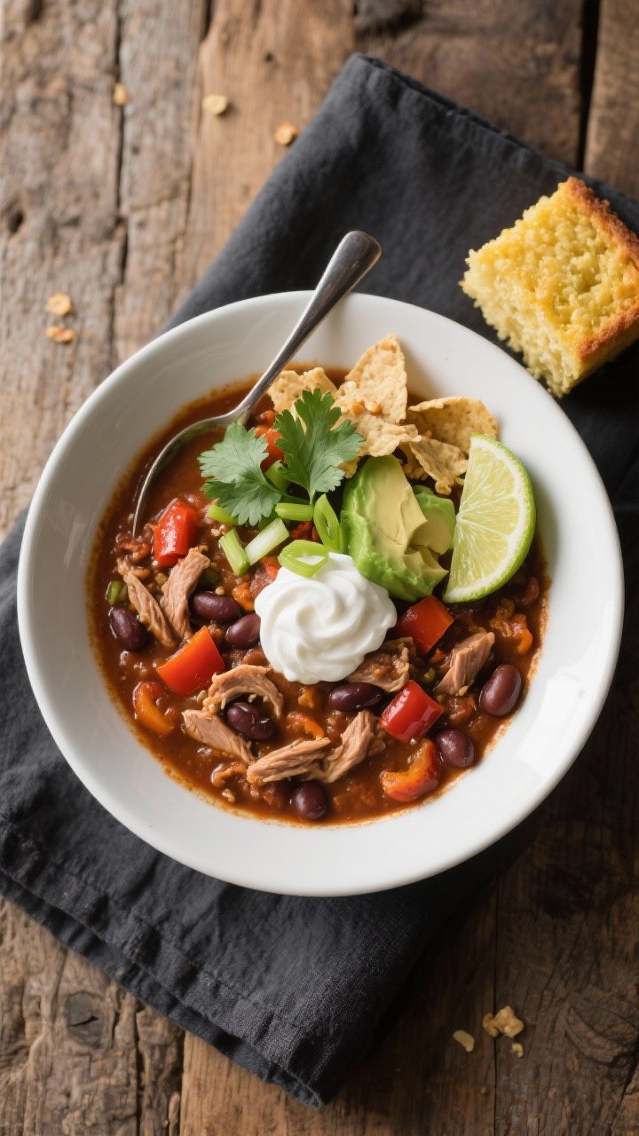 Final dish, tasty top view: Overhead shot of a bowl of Smoky Turkey Chili with Sweet Peppers, thick