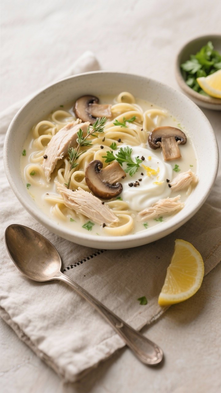 Final dish, tasty top view: Overhead shot of a creamy chicken noodle soup with mushrooms in a matte