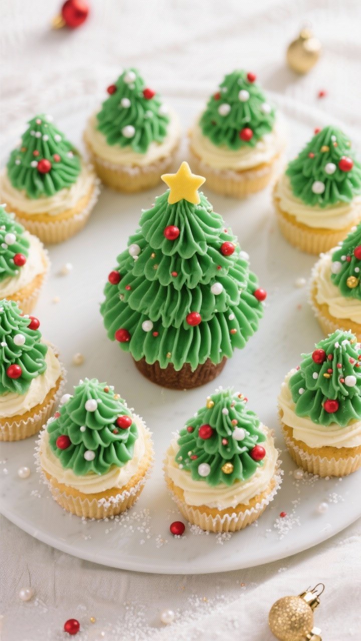 Final dish, tasty top view: Overhead shot of a dozen Sugar Cookie Christmas Tree Cupcakes arranged i