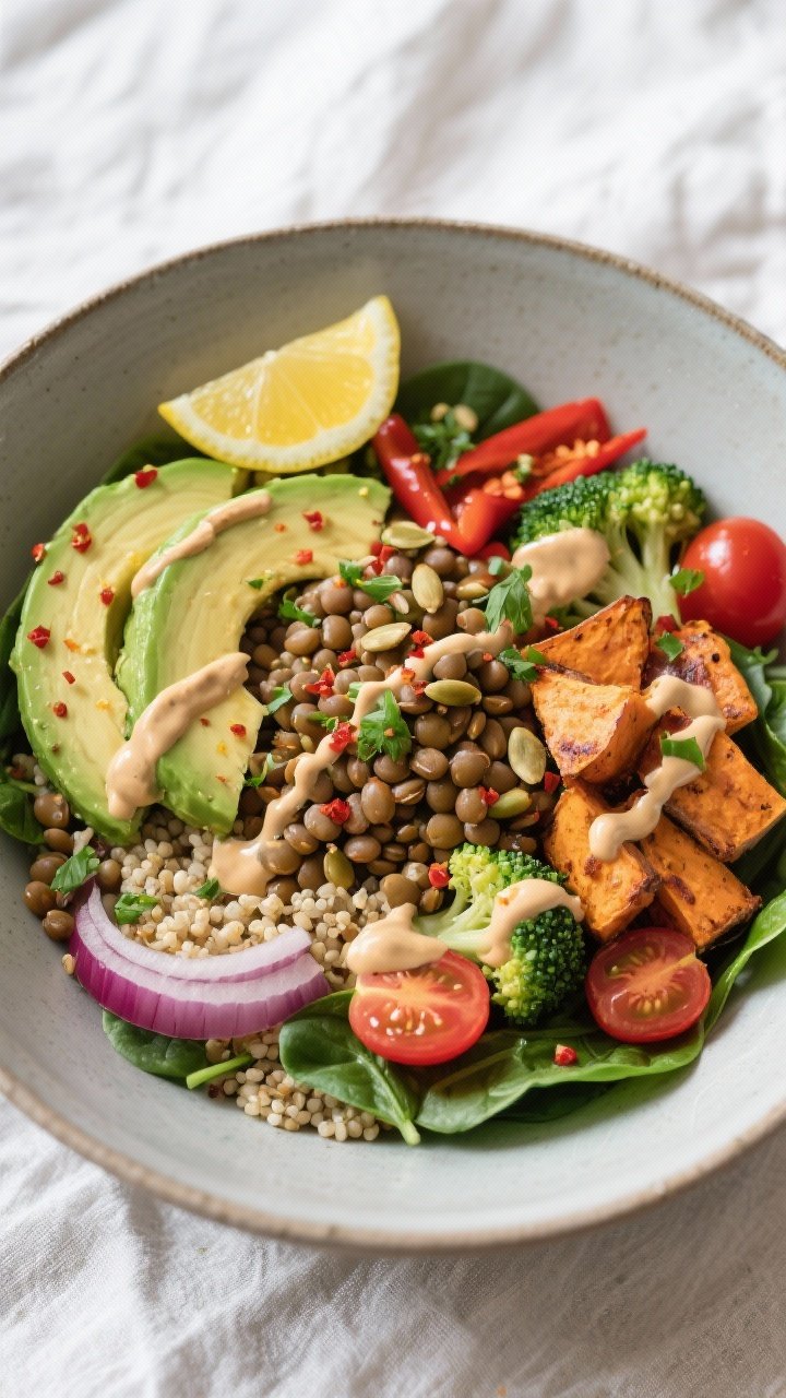 Final dish, tasty top view: Overhead shot of a Flavorful Lentil and Veggie Power Bowl beautifully co