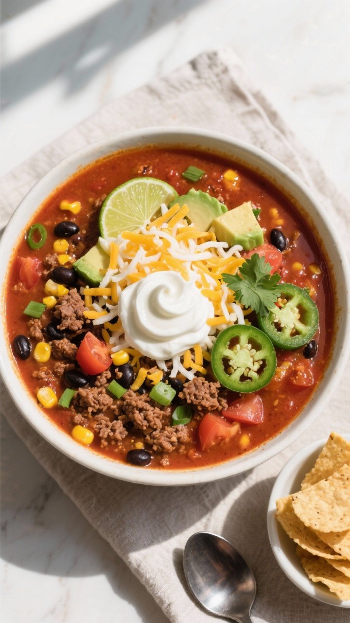 Final dish, tasty top view: Overhead shot of a generously filled bowl of taco soup with ground beef