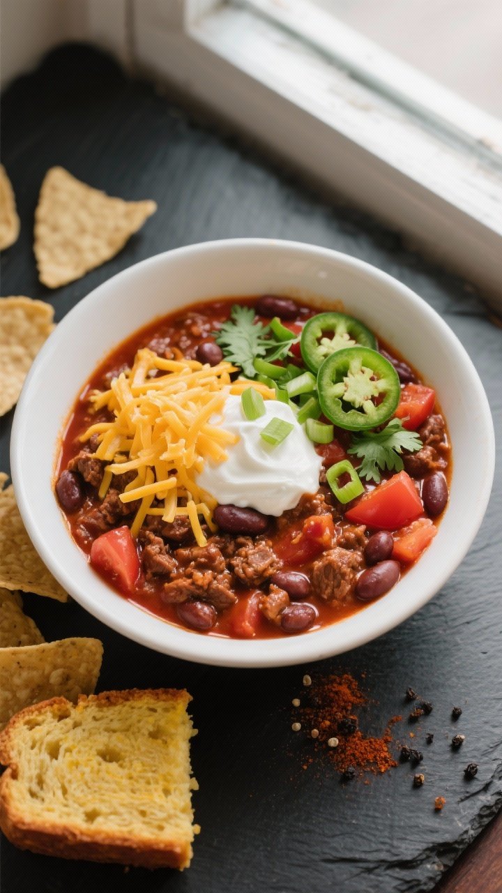 Final dish, tasty top view: Overhead shot of a generously filled bowl of classic beef and bean chili