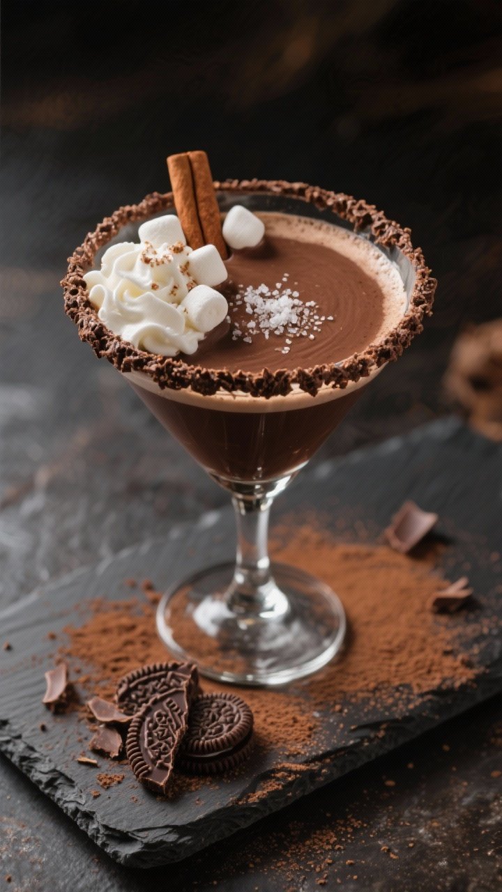 Final dish, tasty top view: Overhead shot of a Hot Cocoa Martini in a heat-safe coupe with a neat, t