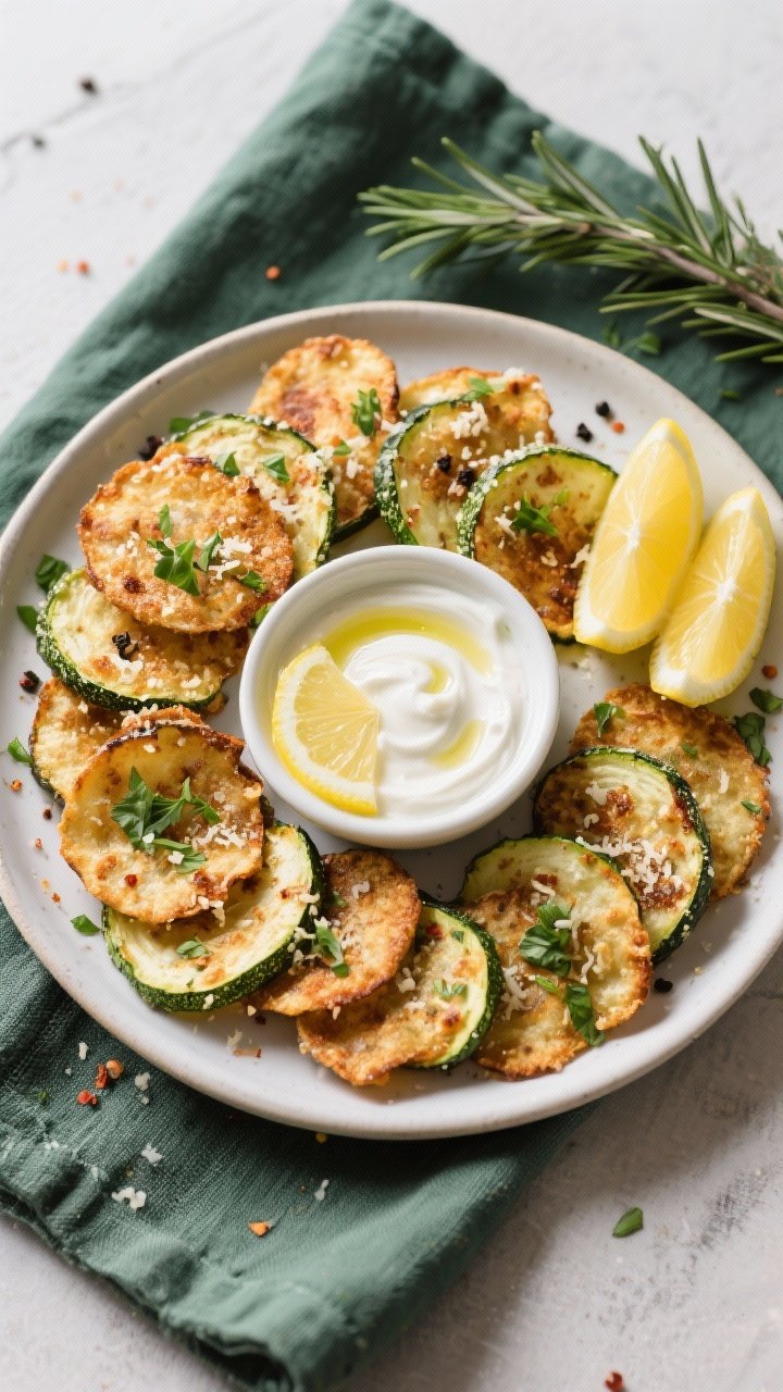 Final dish, tasty top view: Overhead shot of a round platter of crispy Parmesan zucchini chips arran
