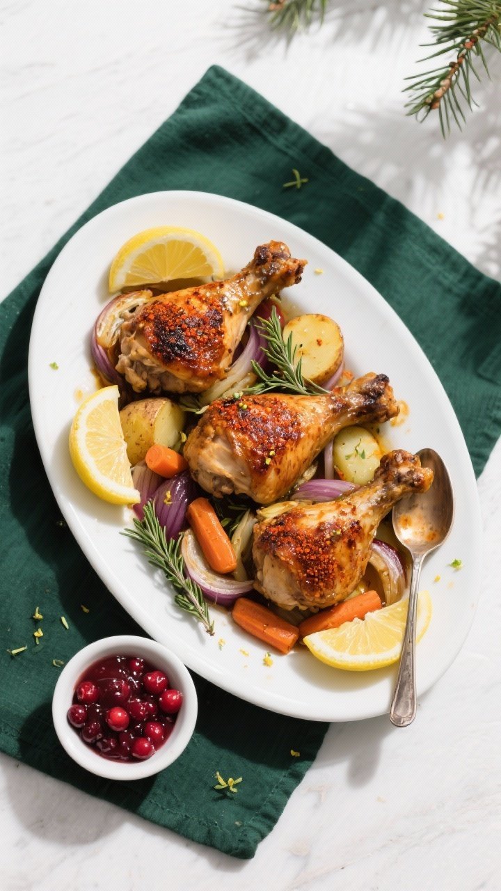 Final dish, tasty top view: Overhead shot of budget-friendly Christmas roast chicken thighs plated f