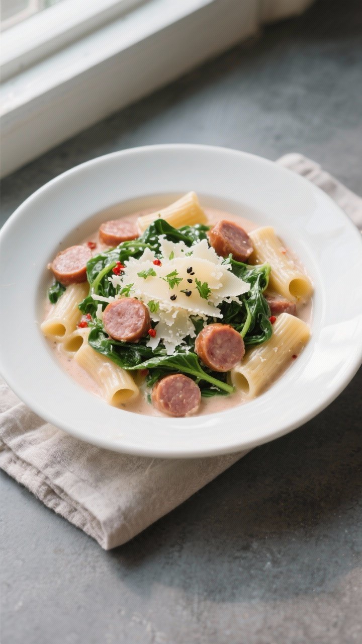 Final dish, tasty top view: Overhead shot of Creamy Smoked Sausage Pasta in a wide, shallow white bo