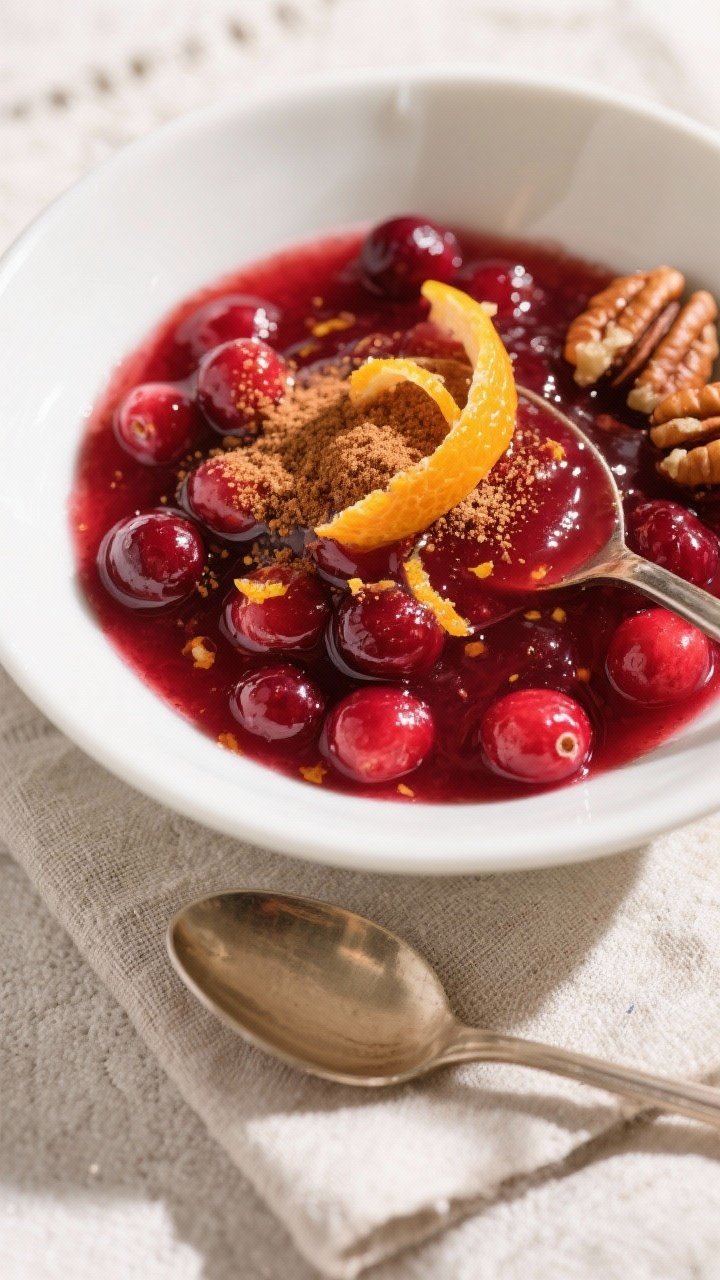 Final dish, tasty top view: Overhead shot of finished cranberry orange sauce spooned into a low, whi