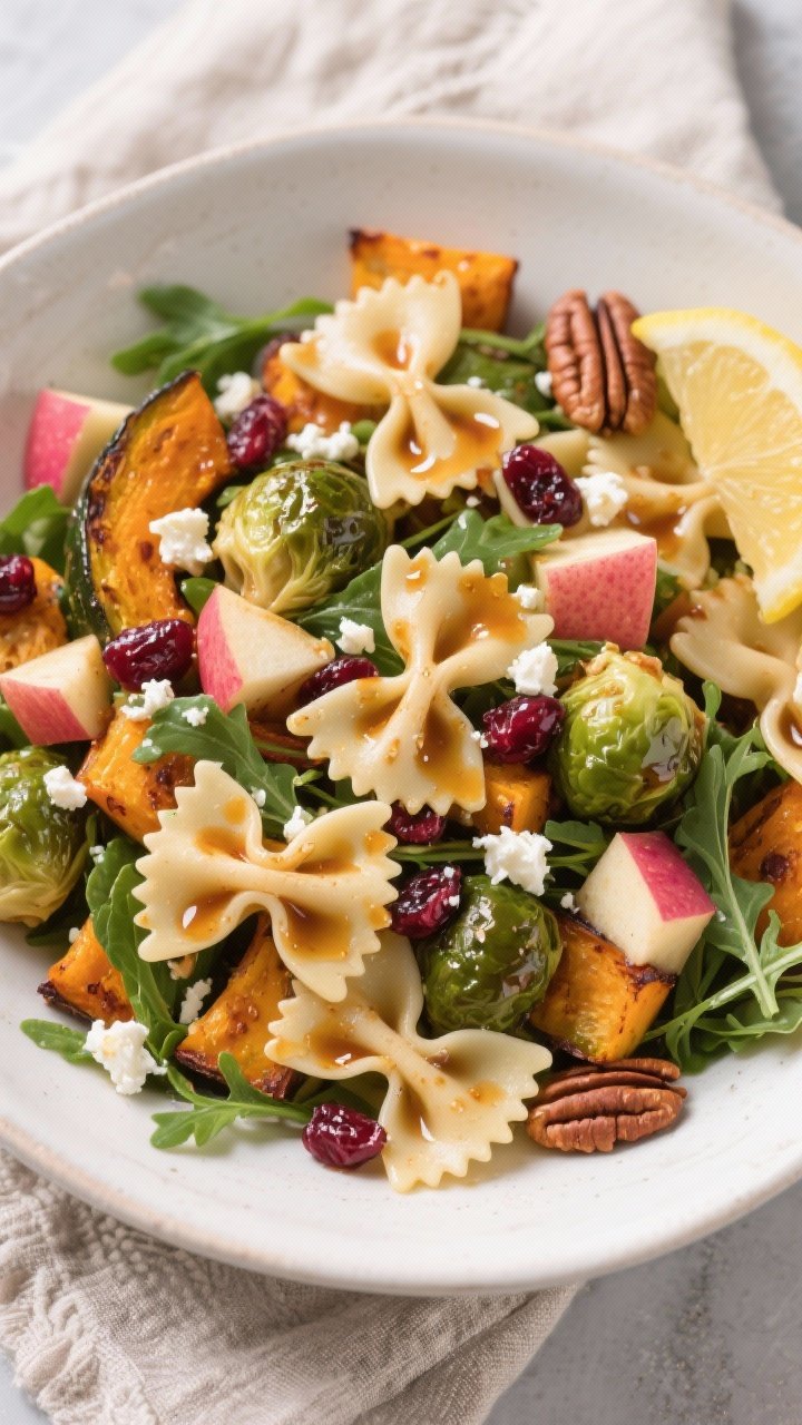 Final dish, tasty top view: Overhead shot of Harvest Pasta Salad assembled—al dente farfalle coate