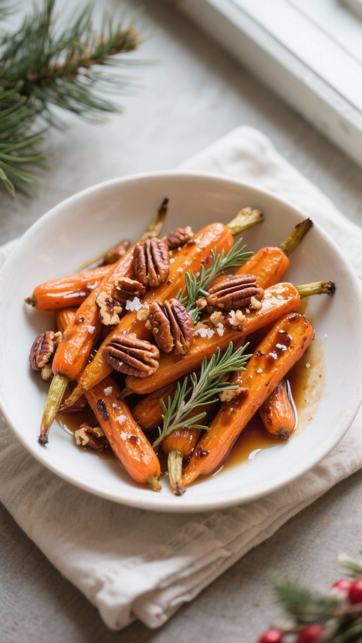 Final dish, tasty top view: Overhead shot of roasted maple carrots piled in a warm white serving bow