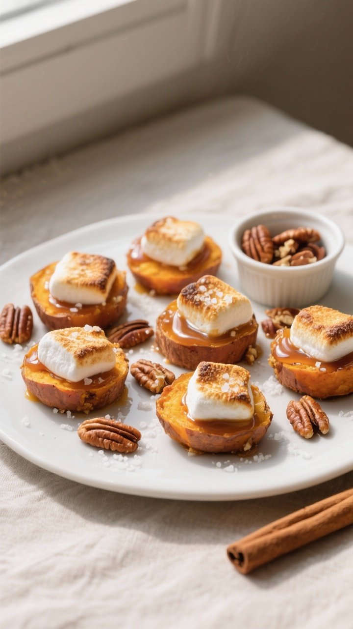 Final dish, tasty top view: Overhead shot of sweet potato bites finished with puffed, lightly toaste