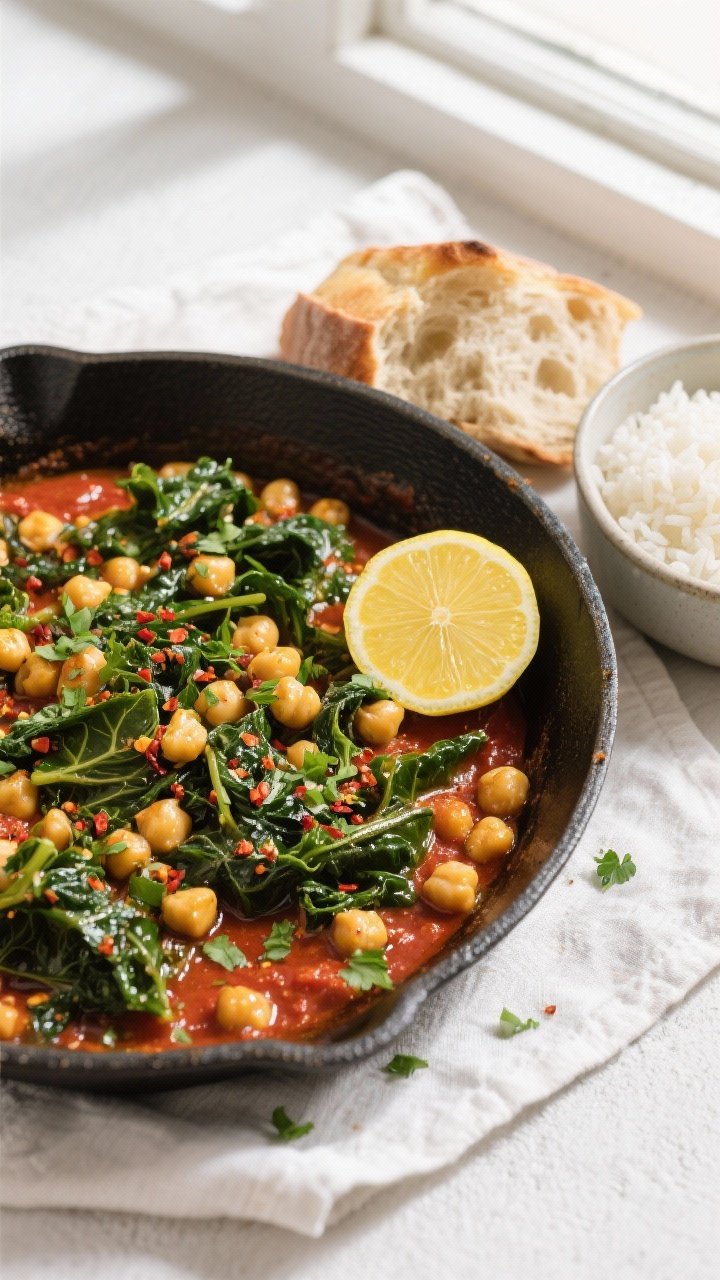 Final dish, tasty top view: Overhead shot of the Spiced Chickpea and Kale Skillet served family-styl