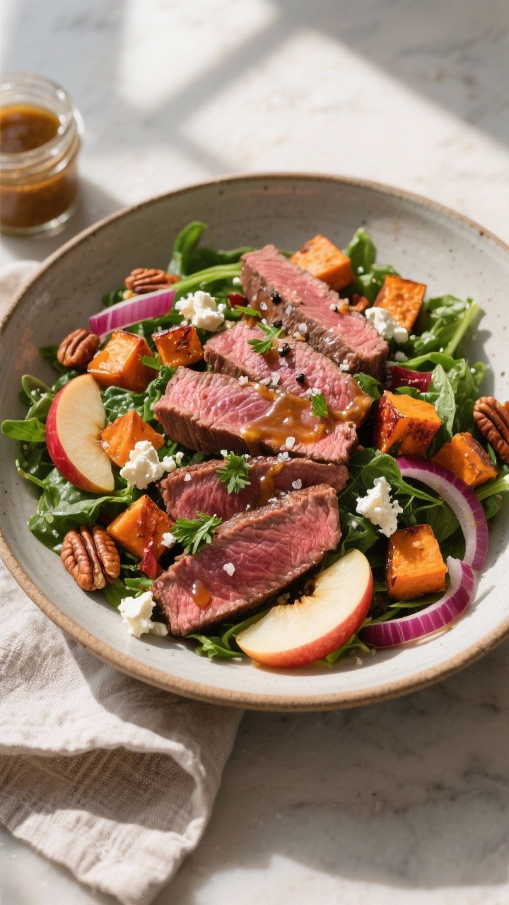 Final dish, tasty top view: Overhead shot of Warm Fall Beef Salad with Sweet Potatoes arranged in a 