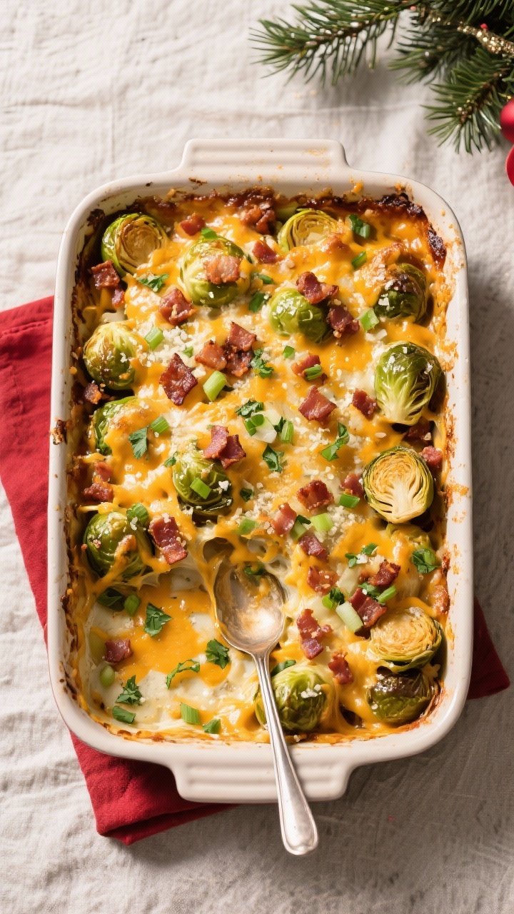 Final dish/top view: Overhead shot of a 9x13 baking dish of Loaded Cheesy Brussels Sprouts, golden a