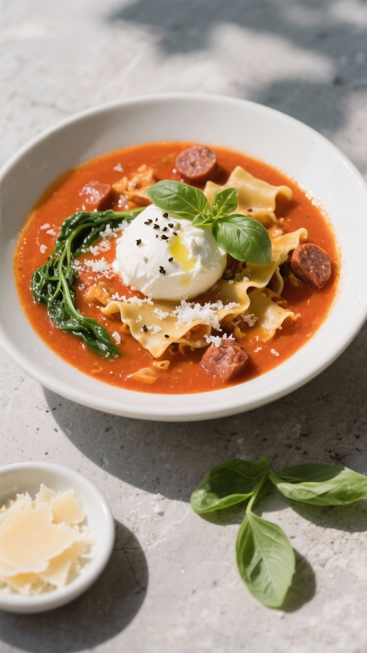 Final dish, top view: Overhead shot of a bowl of One-Pot Creamy Lasagna Soup, richly red-orange and