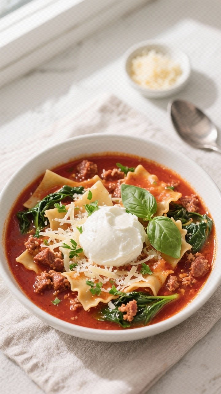 Final dish, top view: Overhead shot of a bowl of Slow Cooker Lasagna Soup finished for serving—dee