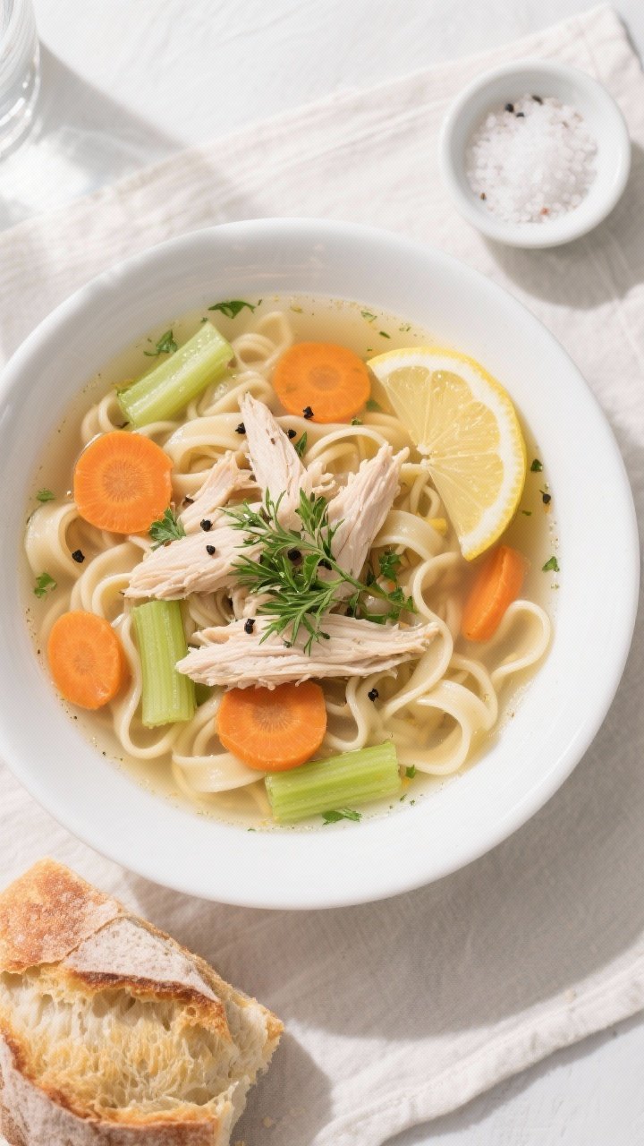 Final dish, top view: Overhead shot of a generously filled white soup bowl of chicken noodle soup wi