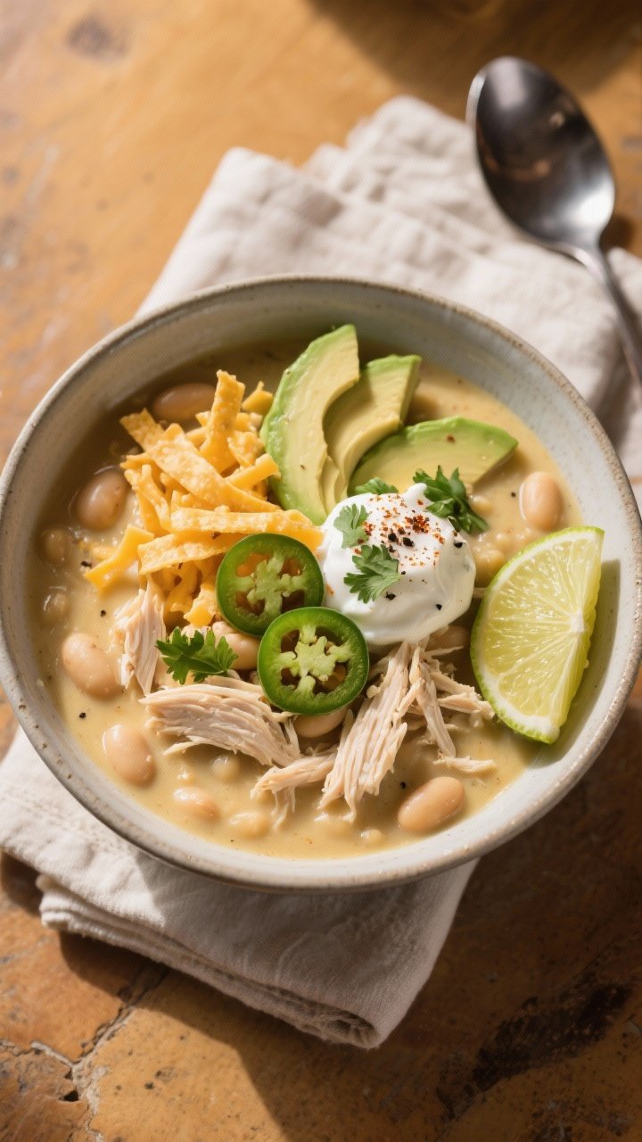 Final dish, top view: Overhead shot of a generously filled bowl of Creamy White Chicken Chili, ultra