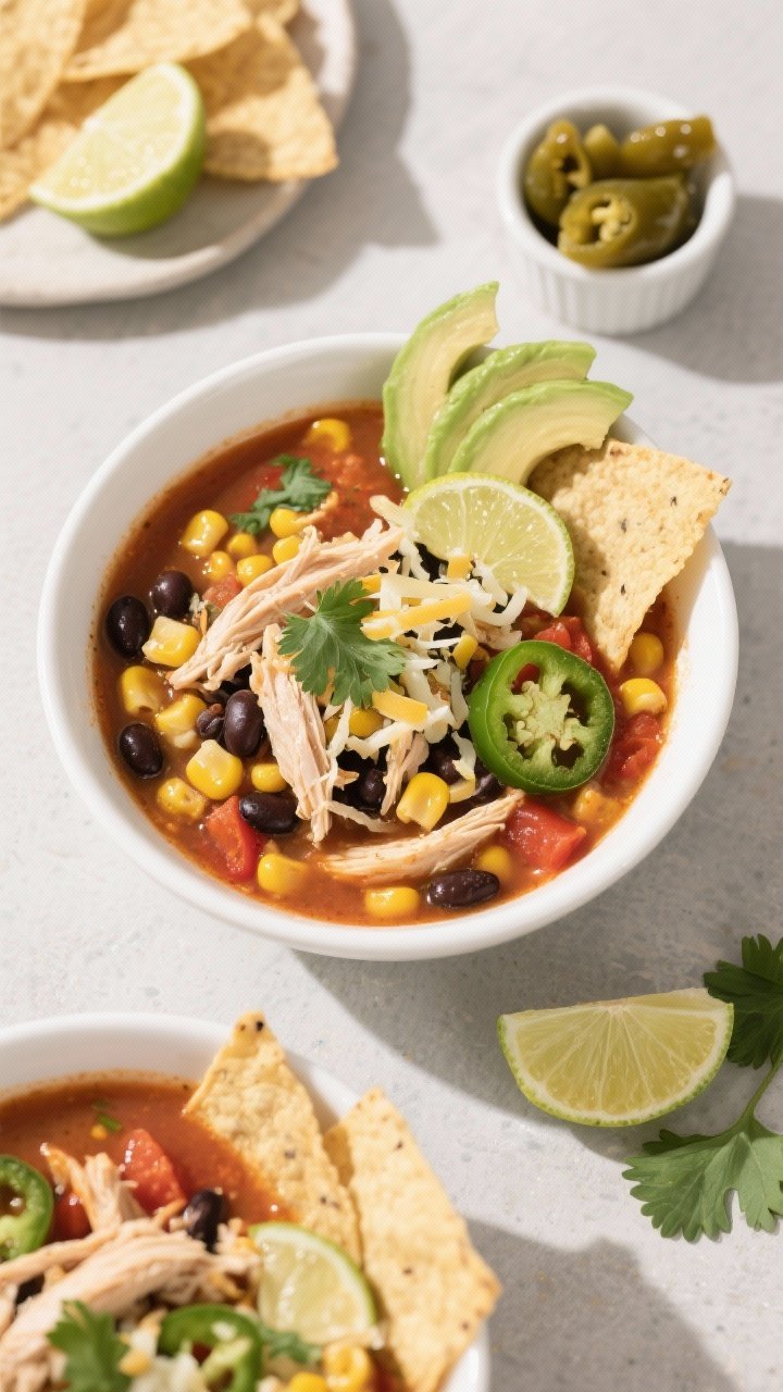 Final dish, top view: Overhead shot of Chicken Taco Soup with Corn & Green Chiles ladled into wide w