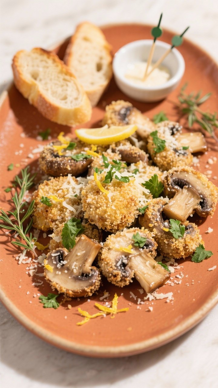 Final dish, top view: Overhead shot of Garlic Parmesan Mushrooms finished with a crisp, golden Parme