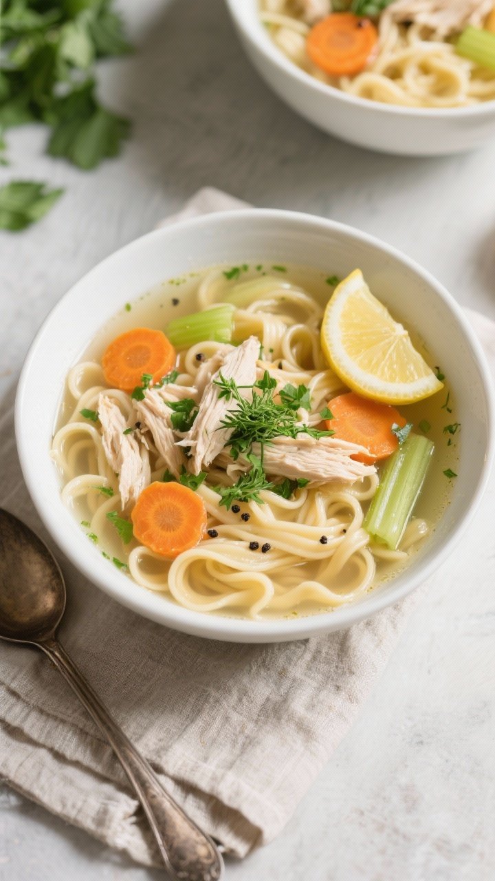 Final dish, top view: Overhead shot of homestyle chicken noodle soup in a wide white bowl—brothy a