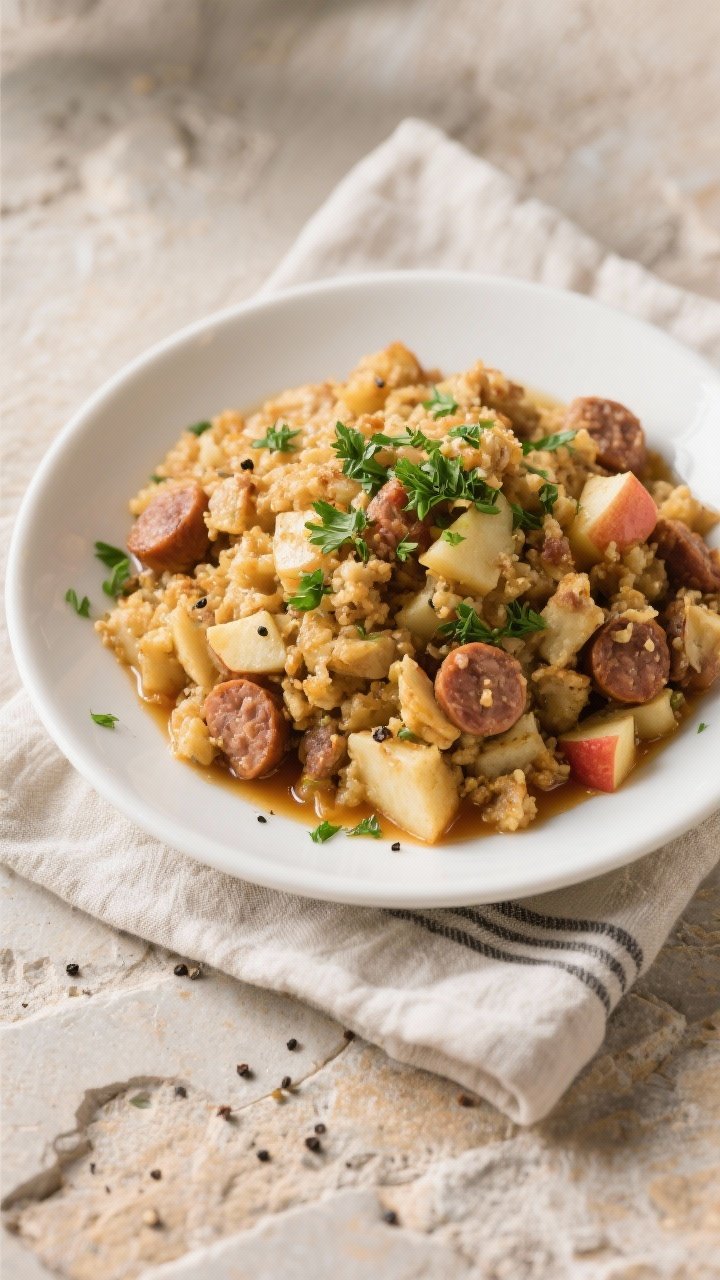 Final dish top-view presentation: Overhead shot of a heaping serving of gluten-free sausage-and-appl