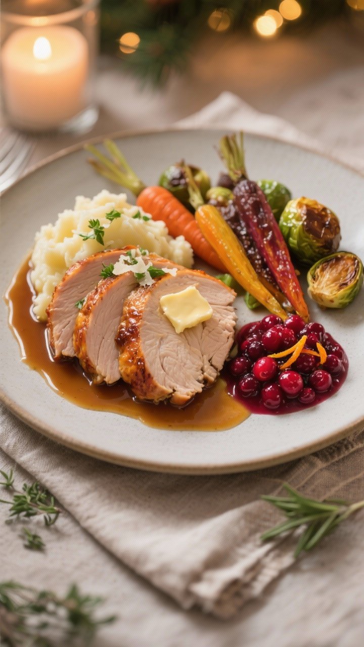 Final plated dinner for two — cozy holiday presentation: Close-up, three-quarter angle of a small,