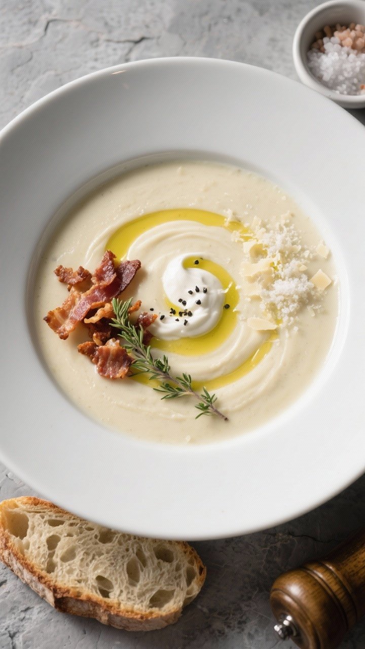 Final plated overhead: A deep, matte-white bowl of ultra-smooth creamy potato soup, finished with a