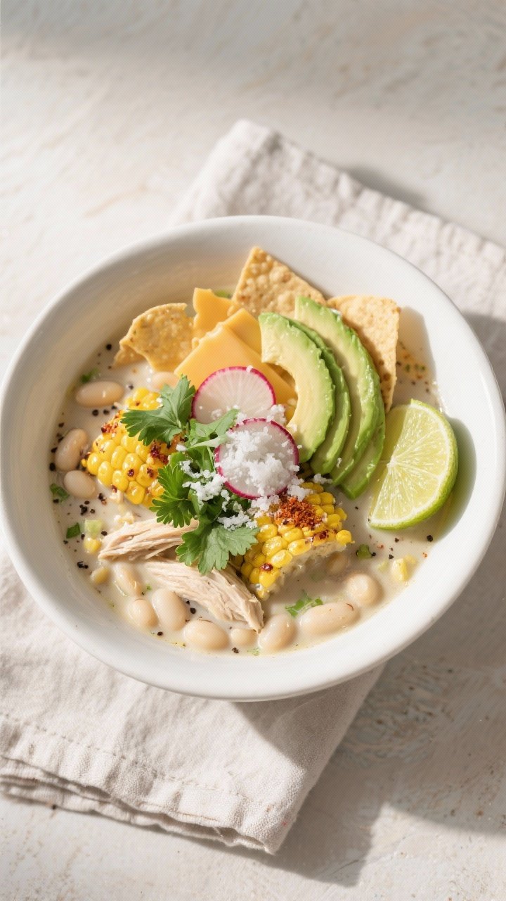 Final plated overhead: Bright, cozy bowl of White Chicken Chili with Roasted Corn served in a wide w