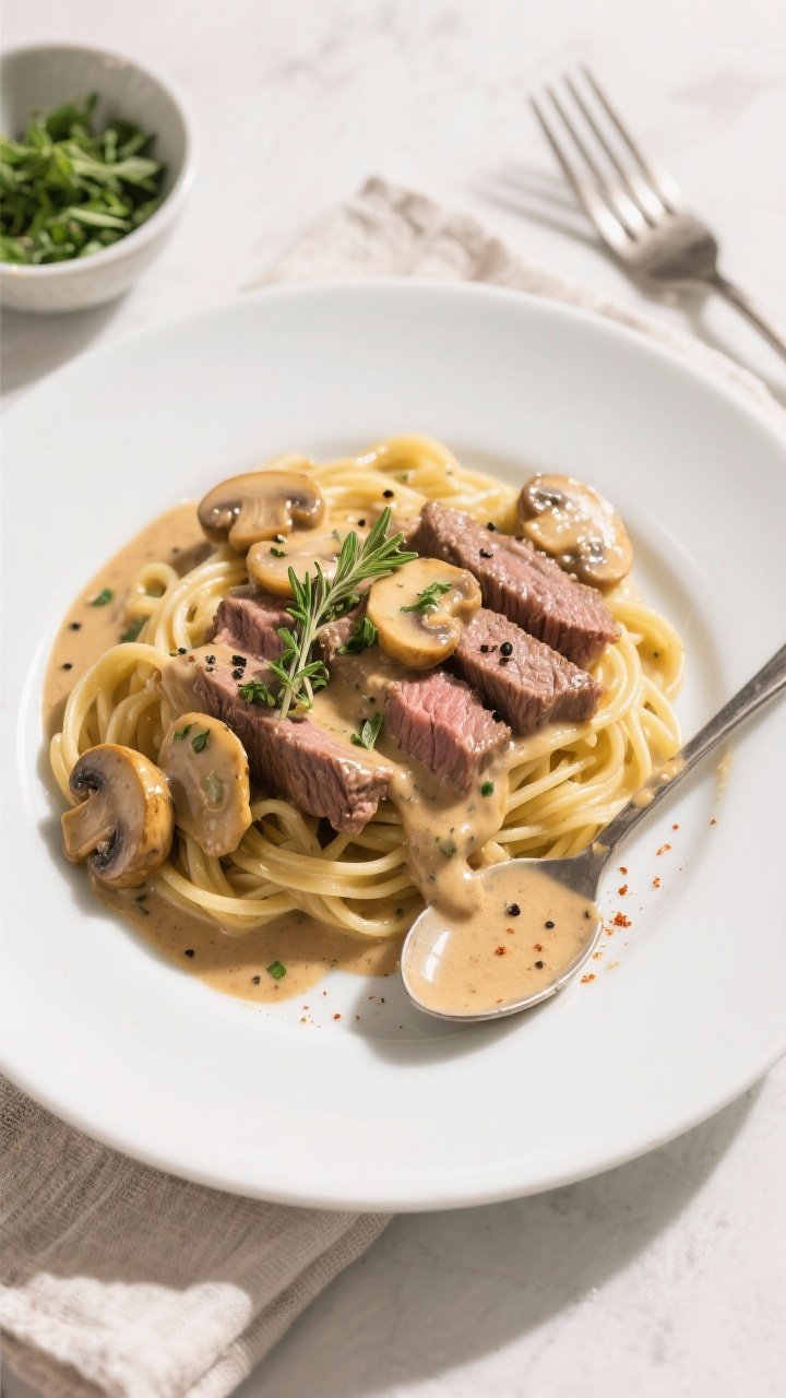 Final plated overhead: Creamy Mushroom Beef Skillet served over buttered egg noodles on a wide, matt