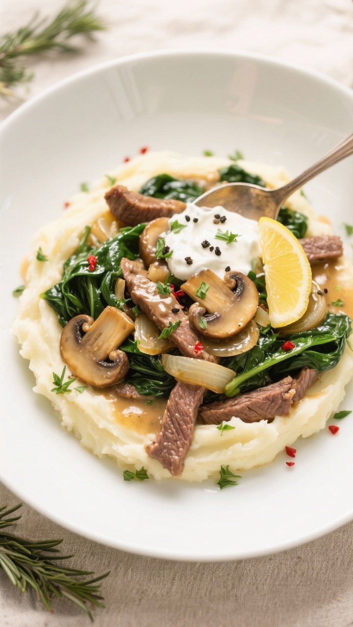 Final plated overhead: High-Protein Christmas Beef Skillet with Spinach & Mushrooms