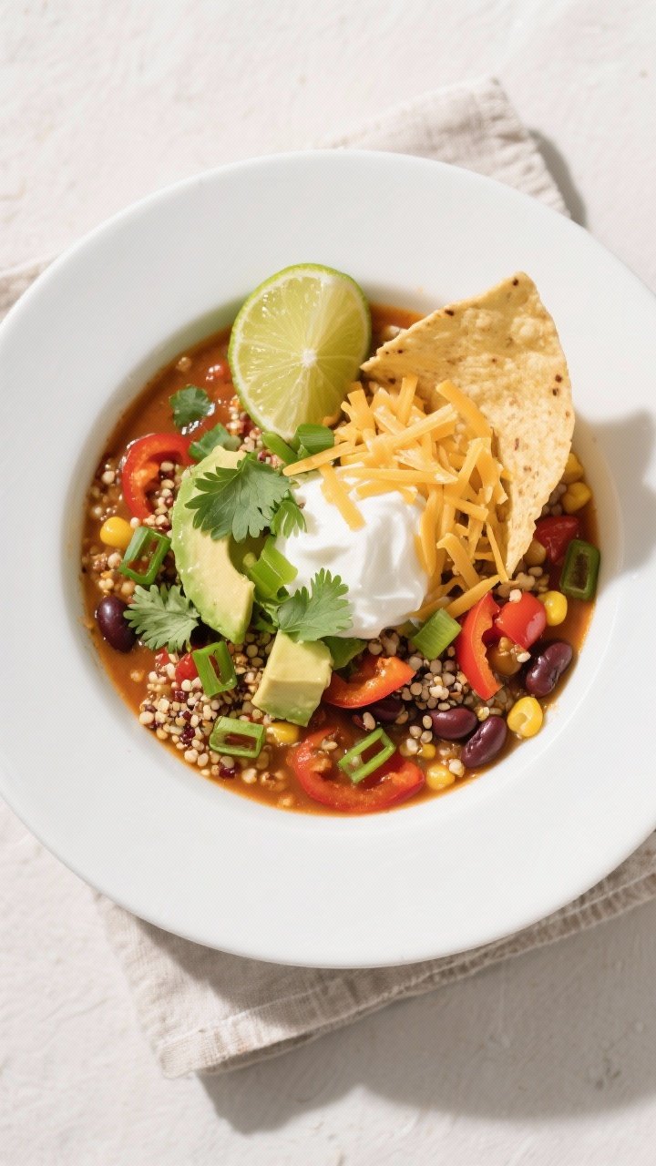 Final plated overhead shot: A vibrant bowl of Vegetarian Taco Soup with Quinoa and Peppers served in