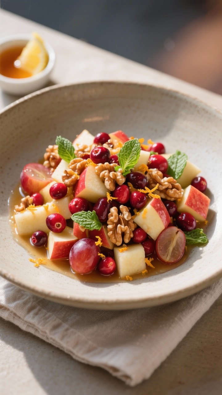 Final plated overhead shot: Restaurant-quality top-down presentation of the Apple Cranberry Fall Fru