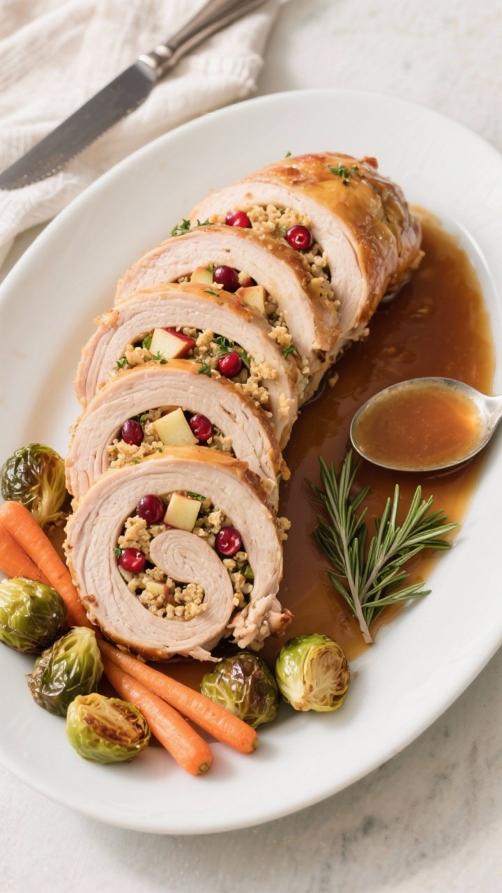 Final plated overhead: Sliced stuffed turkey roll arranged in a fanned circle on a white oval platte