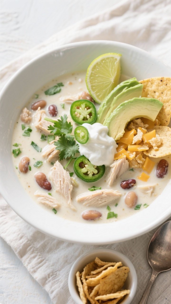 Final plated overhead: Tasty top-down shot of a bowl of creamy white chicken chili finished with hal
