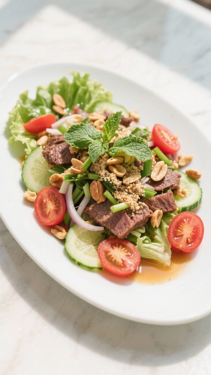 Final plated overhead: Thai Beef Salad with Lime and Peanuts arranged on a wide white platter over c