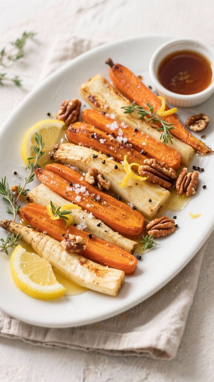 Final plated, tasty top view: Overhead shot of a warm platter of maple roasted carrots and parsnips