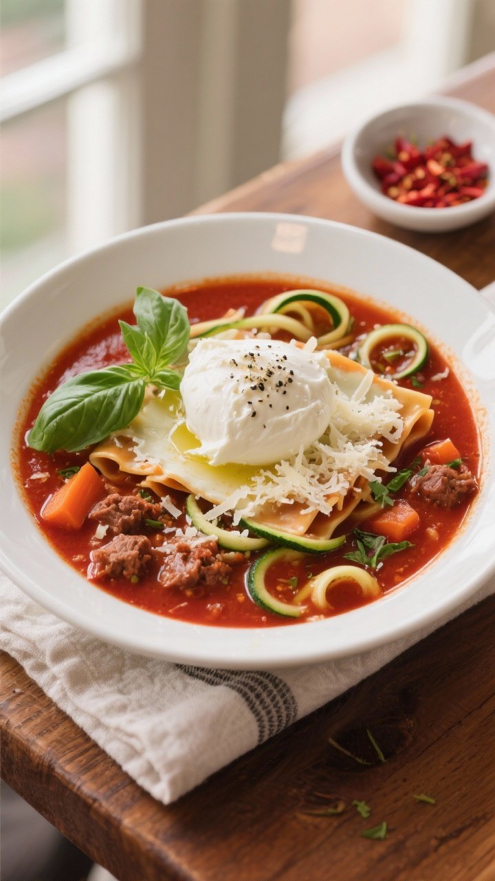 Final plated, tasty top view: Overhead shot of Crockpot Lasagna Soup in a wide white bowl, deep red