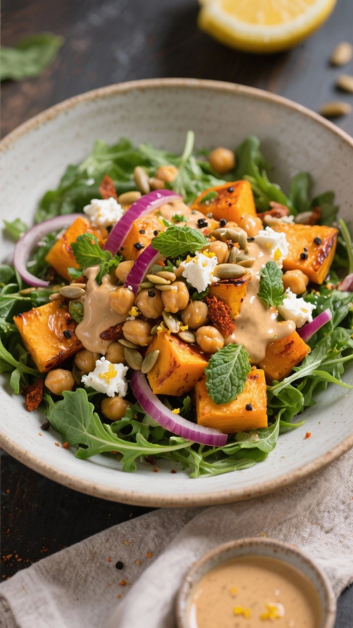 Final plated, tasty top view: Overhead shot of Roasted Pumpkin and Chickpea Salad assembled in a wid
